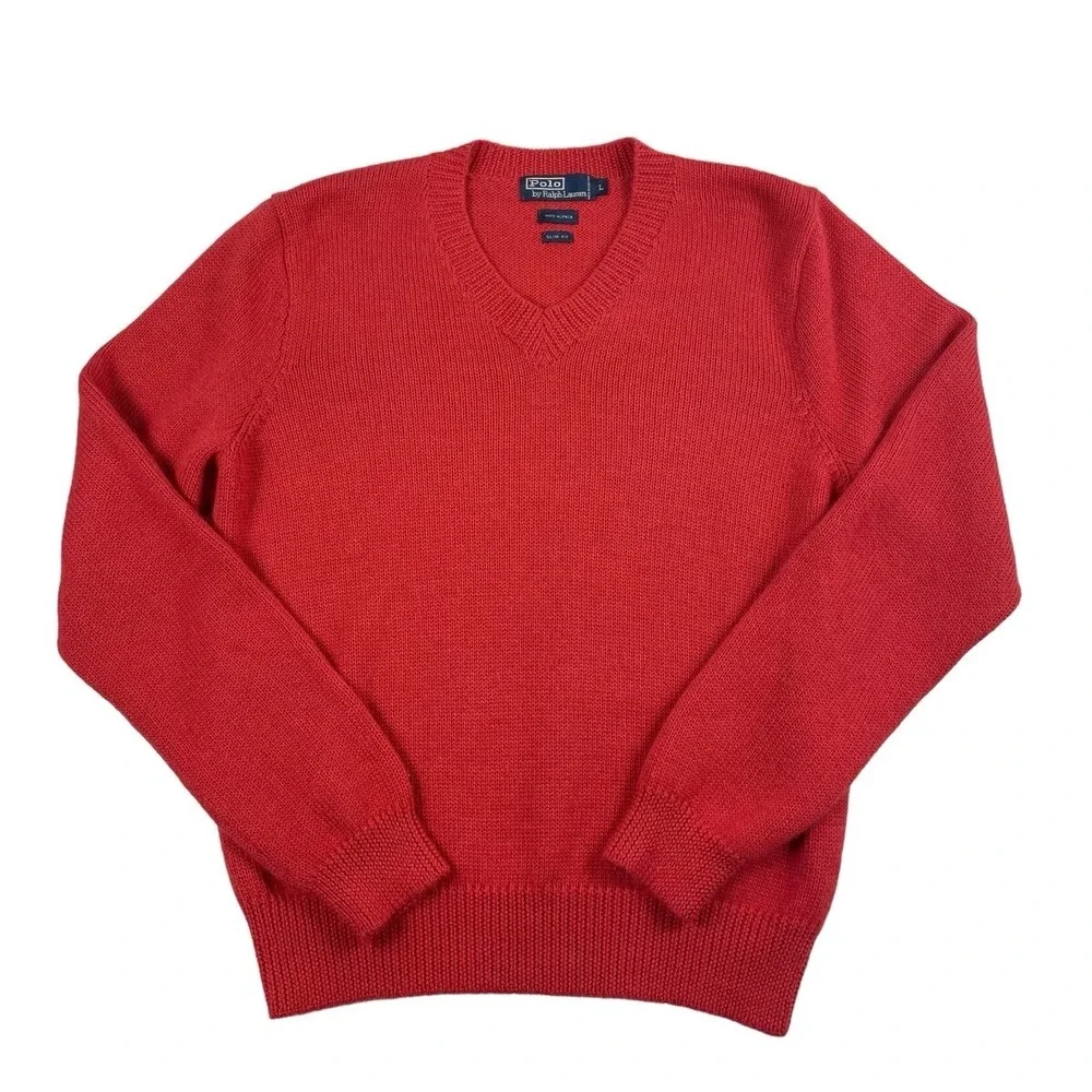 Polo Ralph Lauren Red Pure Alpaca Salmon Red Knit V Neck Sweater Size Men Slim L
